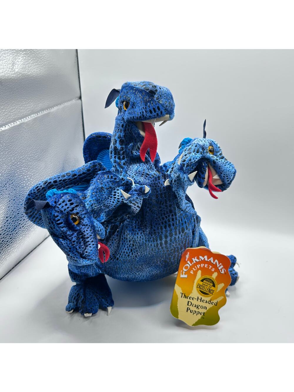 Folkmanis 3 Headed Dragon Hand Puppet 5 Finger Blue 15” Interactive Toy